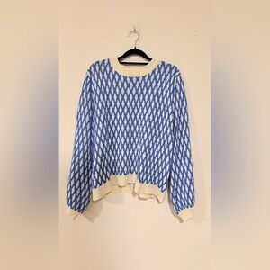 Blue & Cream Pattern Knit Sweater Cottagecore Grandpa Knit Oversized Crewneck
